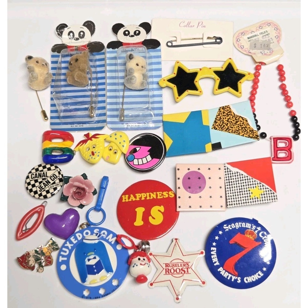Vintage 80s 90s Pins Lot Flocked Teddy Bears HAS Novelties Squares Star Glasses